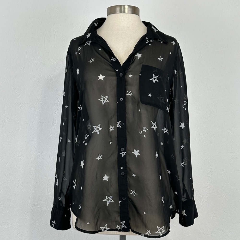Womens Corp Goth Grunge Alt Top Sz Medium Star Sheer Layering Button Long Sleeve